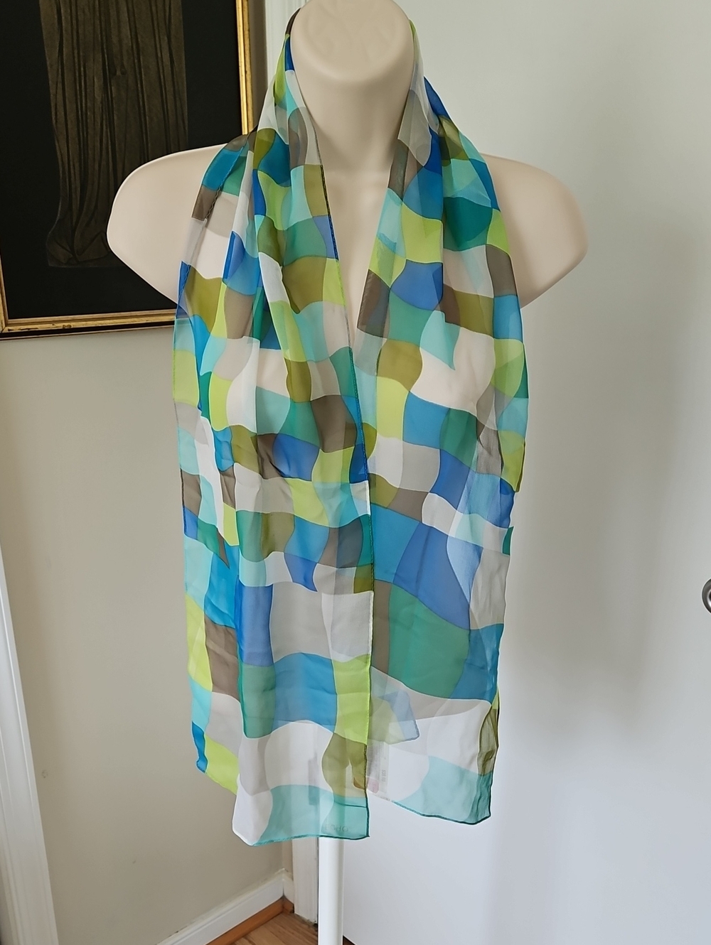 NWT Echo Sheer Wavy Geometric Grid Pattern Silk Scarf.
